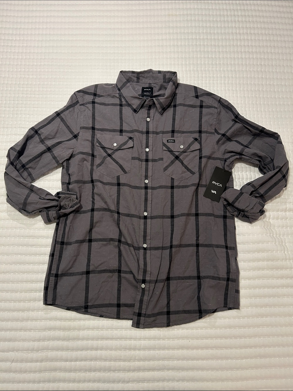 RVCA Men's Gray Plaid Long-Sleeve Button-Down Pearl Snap Shirt Large